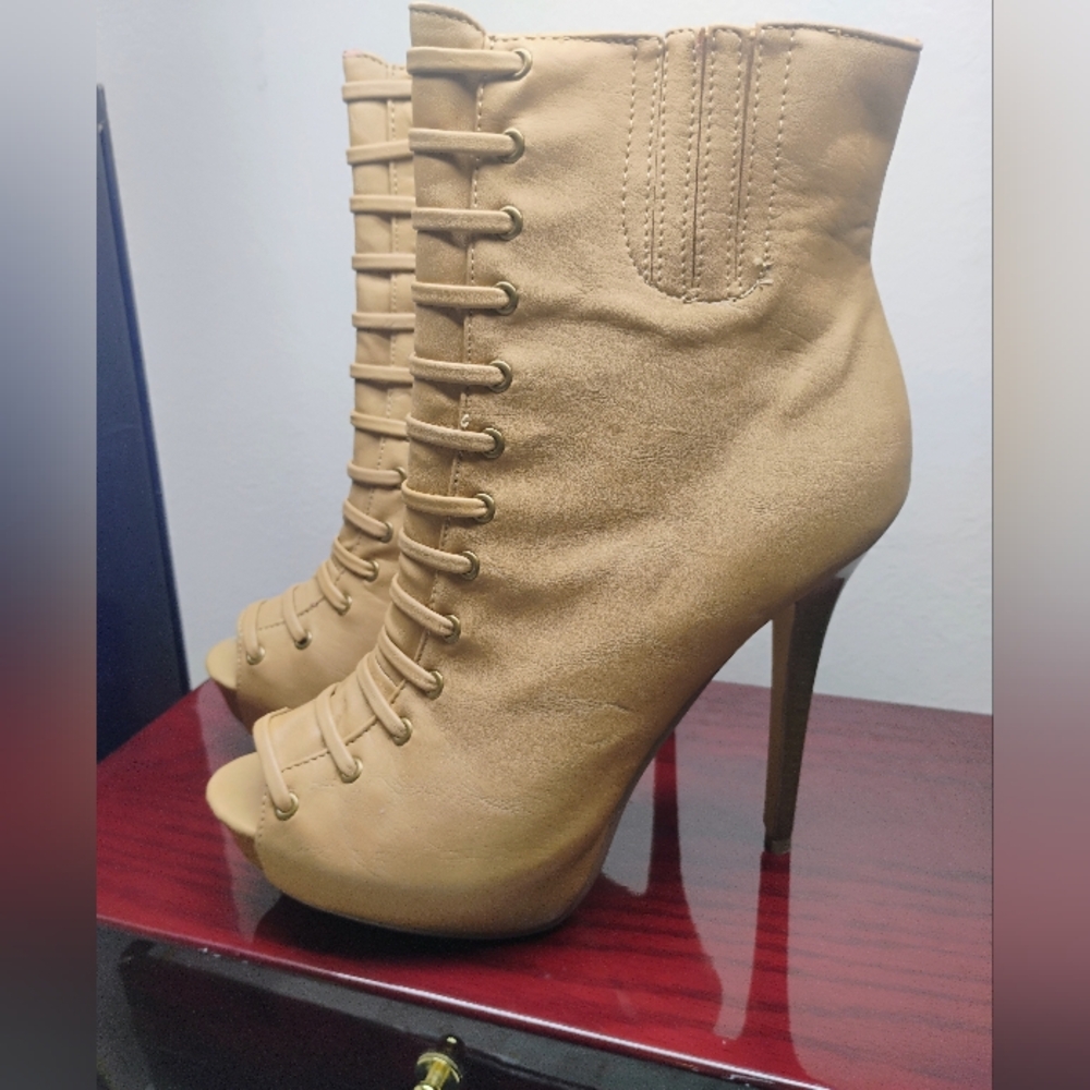 Liliana Tan Lace-Up Peep-Toe Heeled Boots